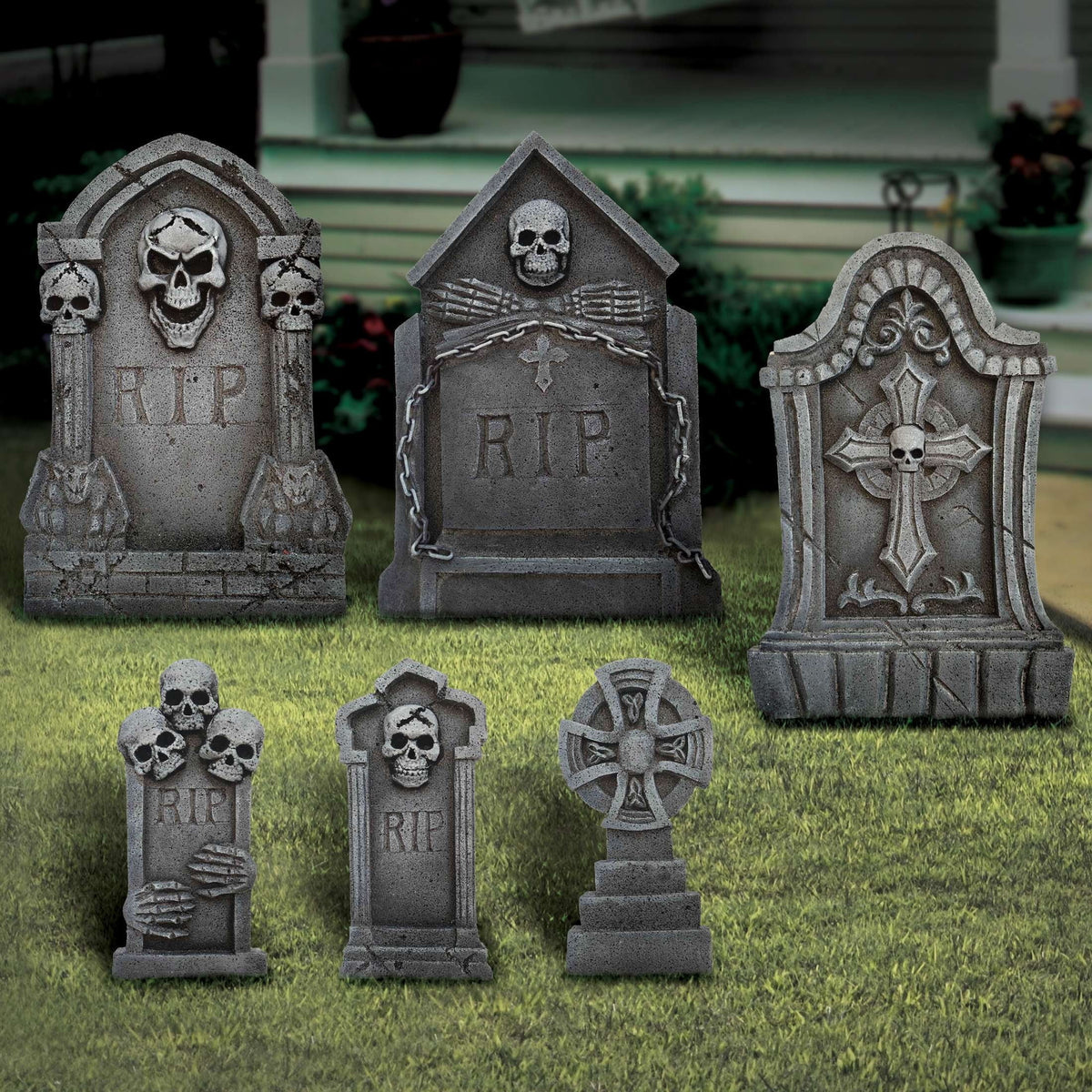 Tombstones Skulls Decoration Set, Gray, 6 Pieces, Halloween by Way To Celebrate