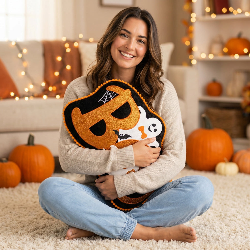 Cute Reading Ghost Plush Throw Pillow, Halloween Book & Pumpkin Bucket Ghost Stuffed Cushion, Spooky Season Decorative Pillow, for Sofa, Bedroom, Party Decor