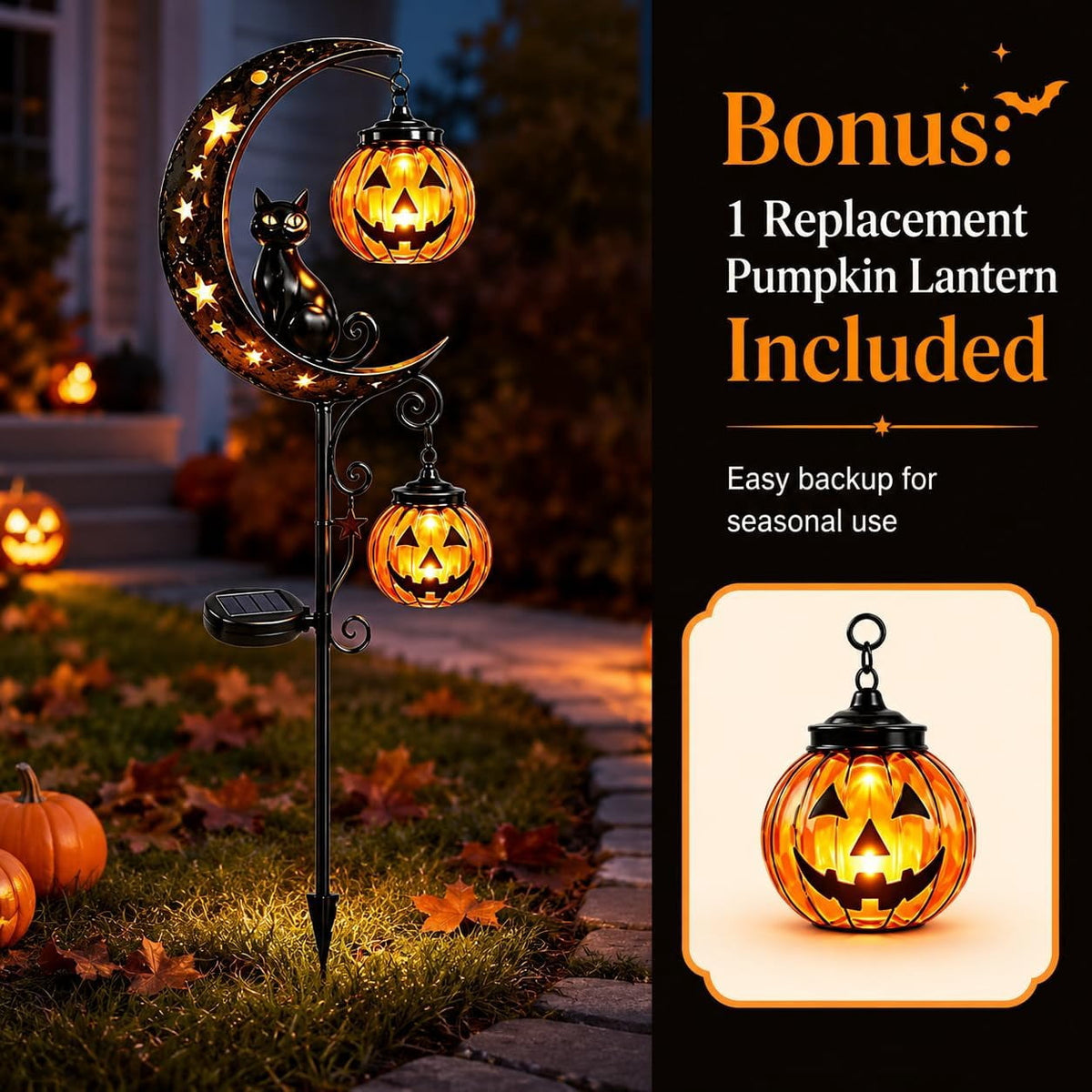 Clearance Halloween Solar Black Cat & Pumpkin Moon Garden Stake Light, Outdoor Waterproof LED Yard Decoration with Crescent Moon, Hanging Jack-o'-Lantern Lantern for Garden, Patio, Walkway, Porch