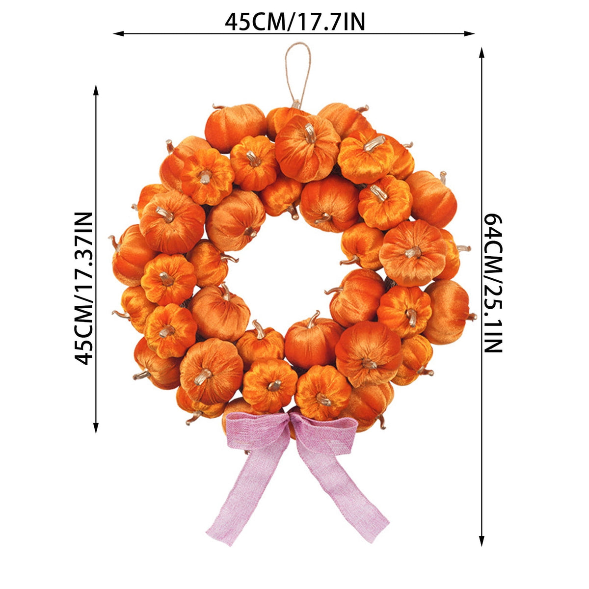 Handmade Fall Pumpkin Wreath, Soft Velvet Design with Linen Bow, Harvests Decors for Front Door, Great for Thanksgiving, Halloween, Mantel, and Porch, 16.93in