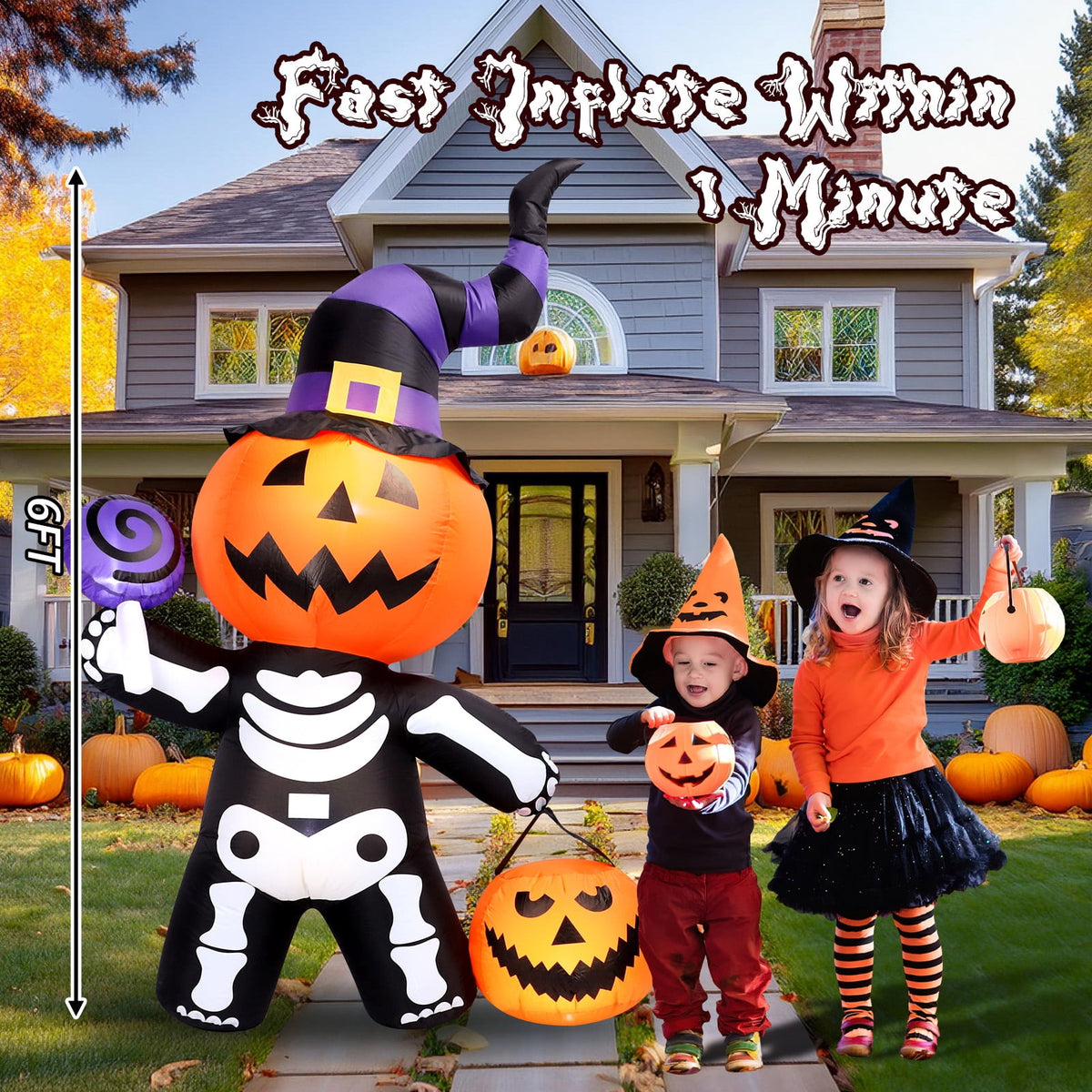 Halloween Inflatables Outdoor, 8FT Long Cute & Lighted Blow Up Decoration Pumpkin Family with Witch Hat, Large Halloween Inflatables Decorations with Lights for Yard, Holiday, Home