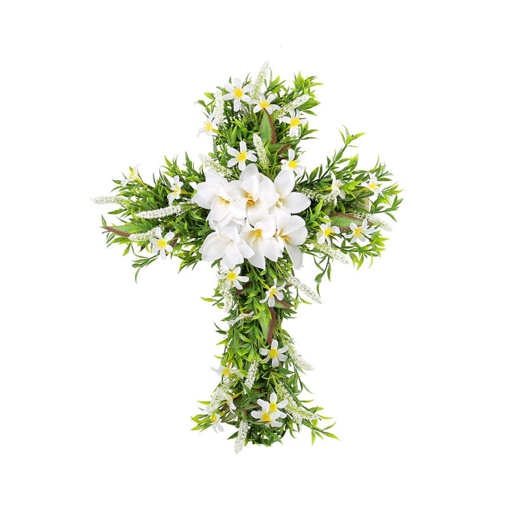 XEOVHV Easter Front Door Wreath Cross, 19.7 inch Easter Cross Wreath, Rustic Farmhouse Easter Decorations Sign Hanging Cross Wedding Floral Pastel Patio Summer Outside Decor