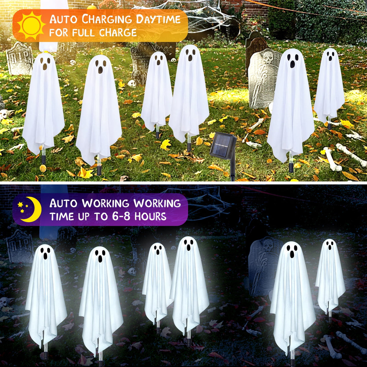 Fohil Halloween Solar Ghost Lights Outdoor Decor Waterproof 8 Modes 6 Pack