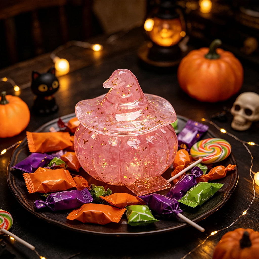 Halloween Pumpkin Candy Bowl with Lid, Decorative Plastic Treat Jar with Crushed Stone Look for Candy Serving and Seasonal Table Display, Reusable Spooky Home Accent, Home Decor, Brown