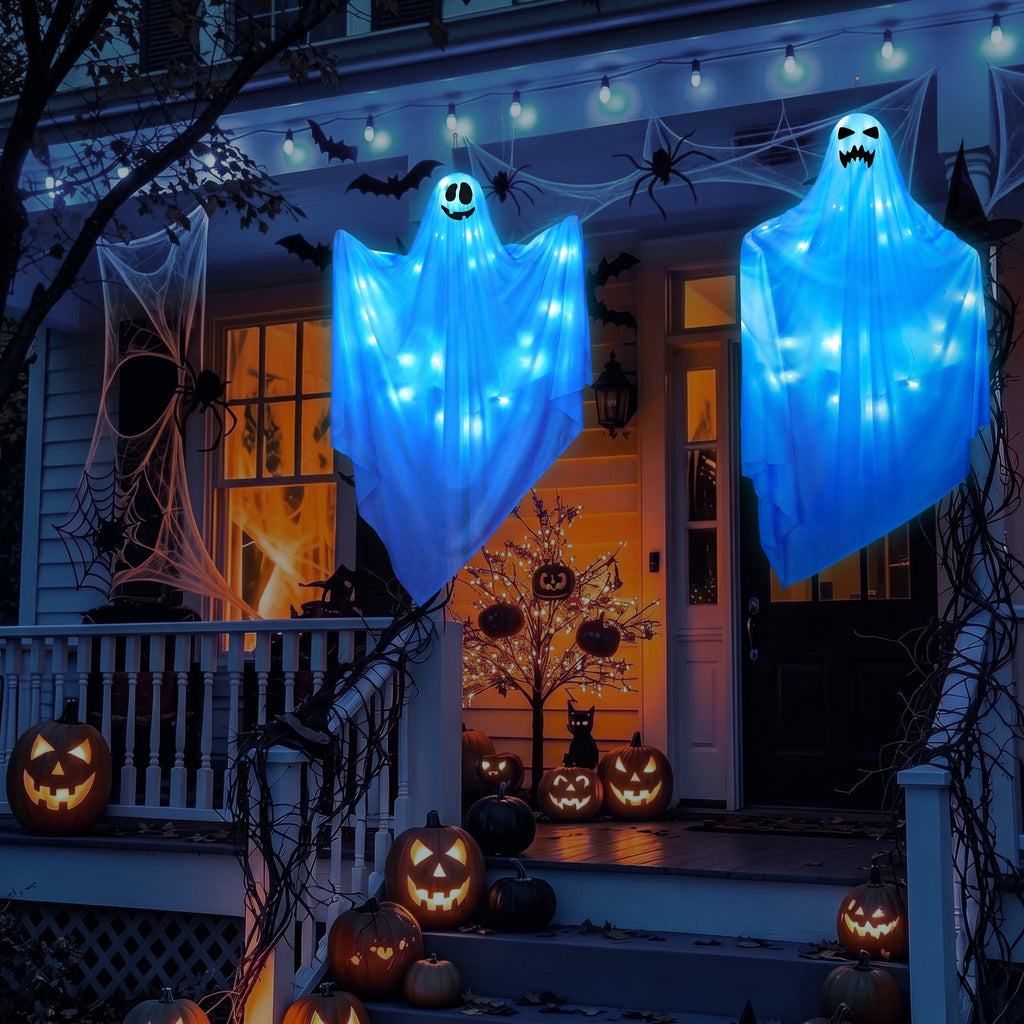 Scidweet Halloween Ghost Decor, 2 Pack 48" Light up Hanging Halloween Ghosts Blue LED Light Yard Garden Porch Outdoor Decorations