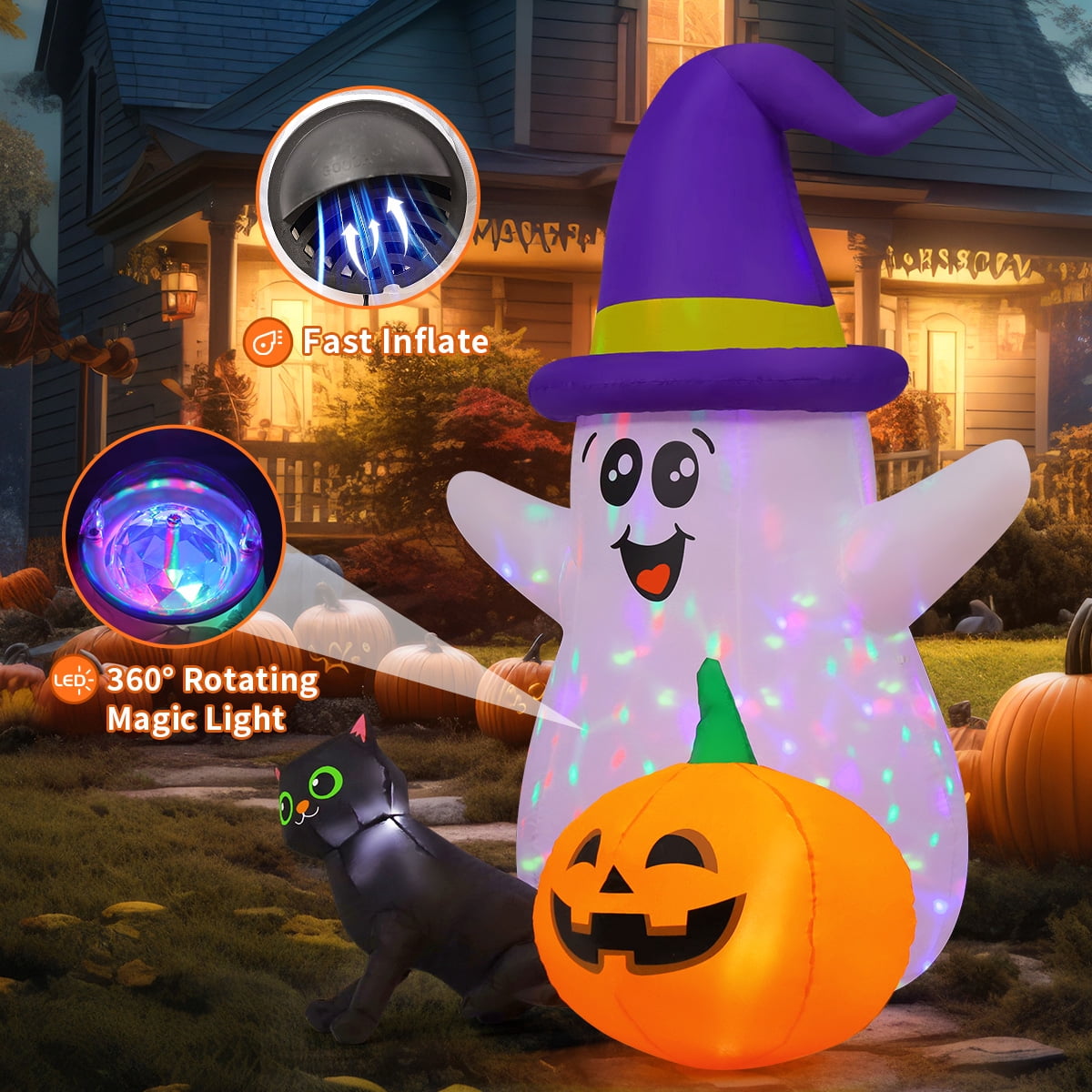 GOOSH Halloween Inflatables 5 FT Inflatable Ghost with Built-in LEDs, Ghost Blow up Halloween Ghost Inflatables with Black Cat Pumpkin, Outdoor Halloween Decorations for Holiday Party Indoor Outdoor