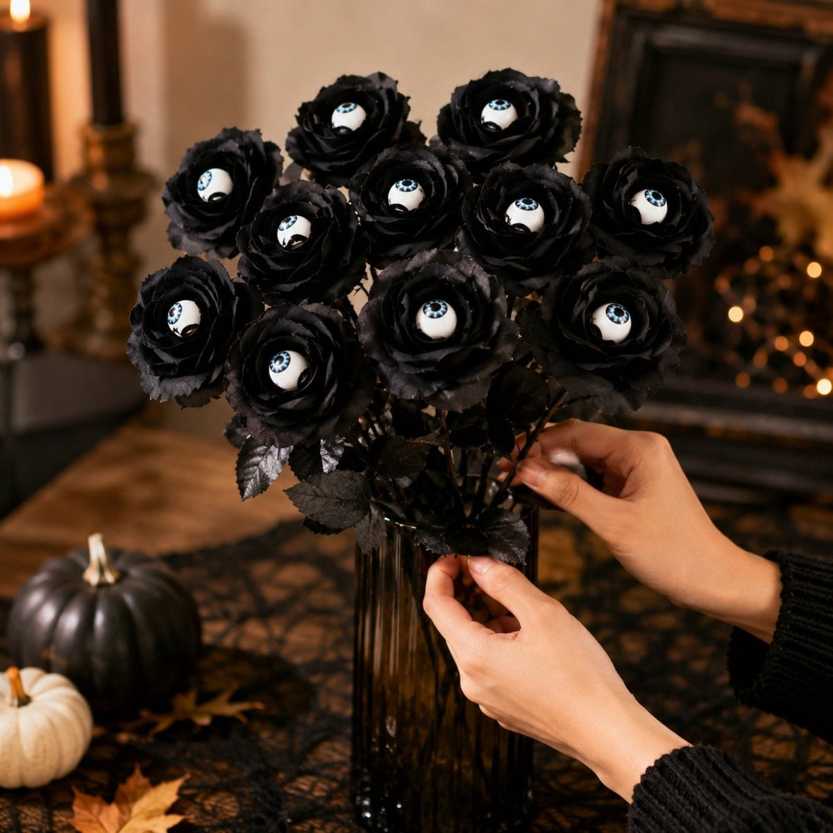 Halloween Artificial Rose Flower with Skull Head, Fake Silk Rose Bouquet, Red or Black Roses with Mini Skull