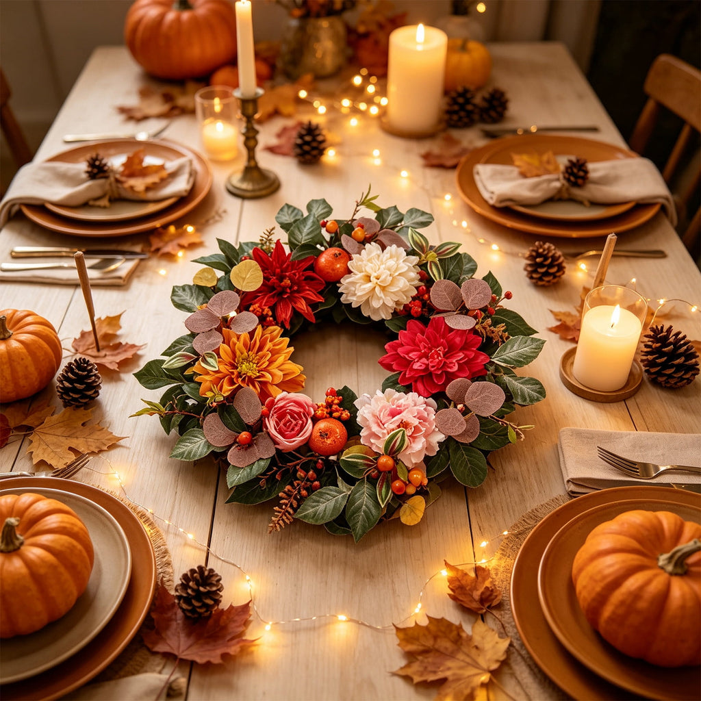 ICQOVD Halloween Pumpkin Maple Leaf Wreath with Skeleton Ornament Orange Black Bow Front Door Hanging Fall Home Decoration 15.75*15.75*3.15IN