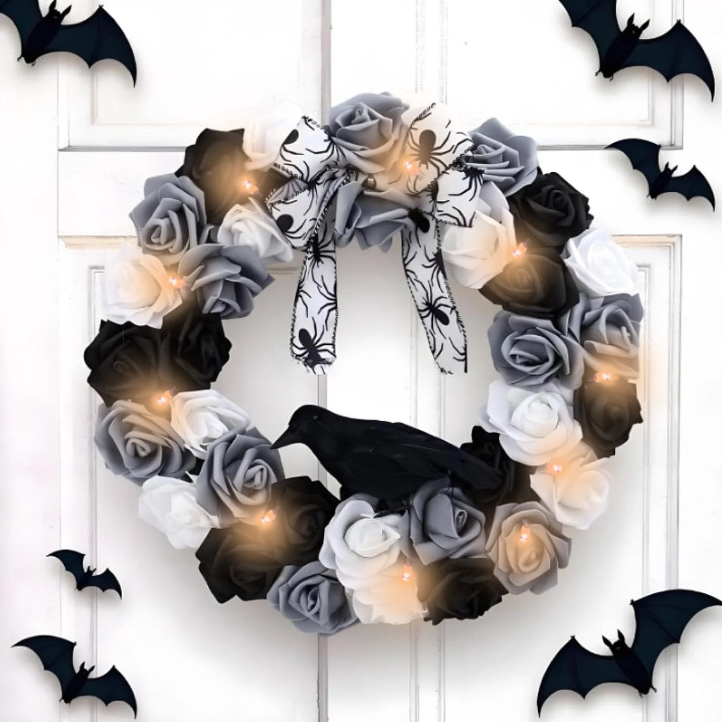 Halloween Decorative Wreath with Crow Roses Lights,13.7" Black White Flowers Gothic Garland for Wedding,Creepy Decor Pendant,Wreath for Front Door Porch Window, Indoor Outdoor Home Halloween Decor
