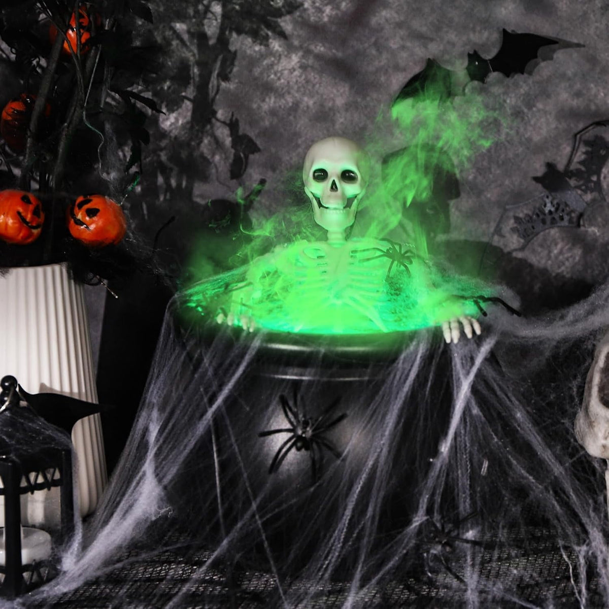 TETOU Halloween Decorations Indoor,DIY Floating Potion Set with Witches Cauldron and Mist Maker,Spooky Black Plastic Cauldron with Skeleton for Halloween Party Home Room Mantel Table Indoor Decor