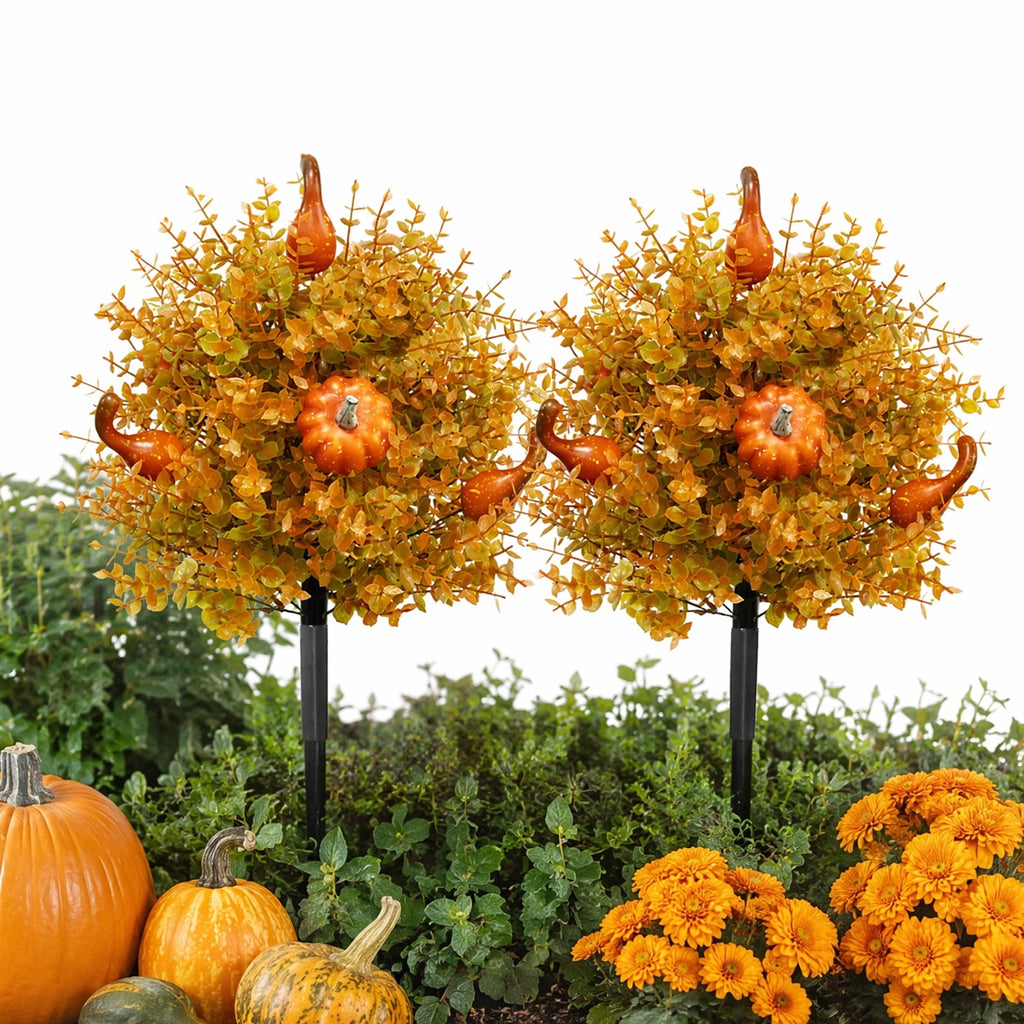 Fall Harvest Pumpkin Eucalyptus Stake, 22 Inch Artificial Halloween Outdoor Decoration, Plastic Floral Arrangement for Garden Pathway Yard