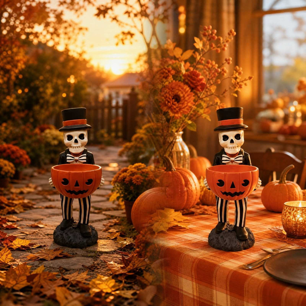 Halloween Decoration Ghost Figurine 11in Resin Ghost Statues with Pumpkin Candy Bowl for Outdoor Indoor Front Door, Porch Yard Lawn Party Decor
