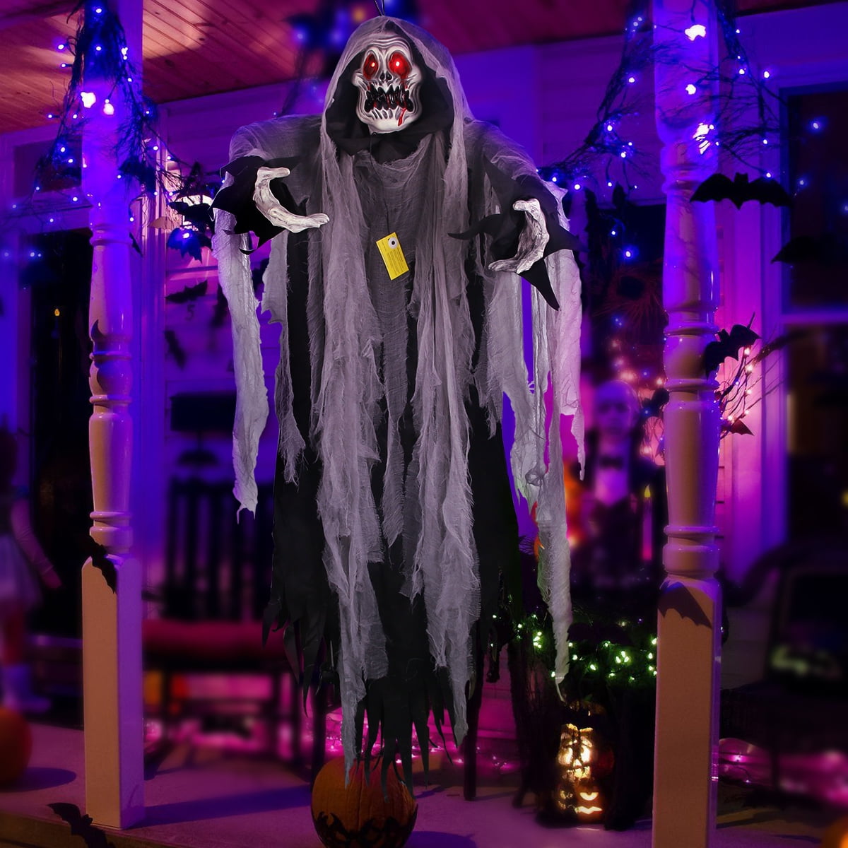 Gamexcel 5.7 ft Halloween Hanging Grim Reaper, Black Skeleton Ghost with Sensor-Activated LED Eyes and Sound, Indoor and Covered Outdoor Decor
