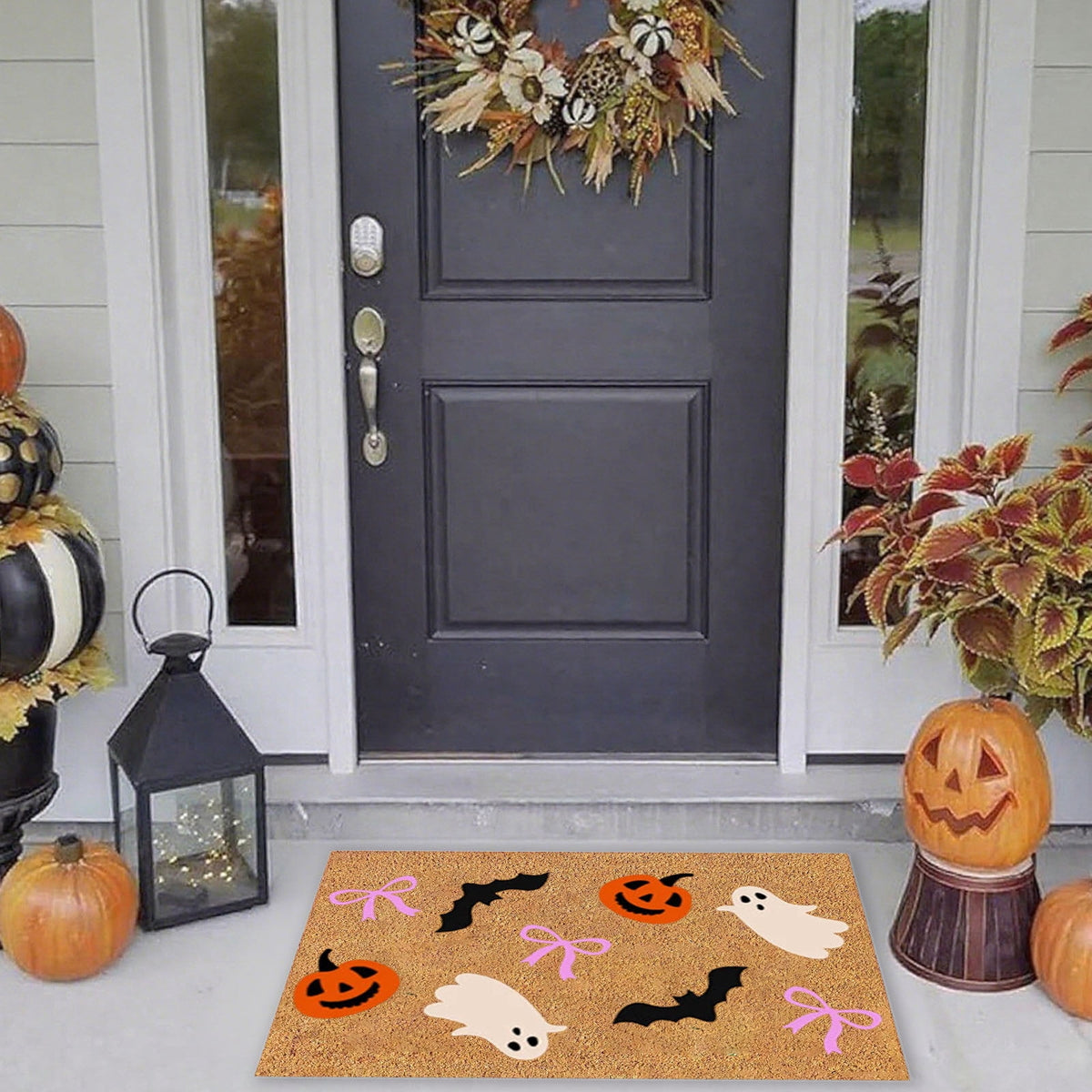 Halloween Door Mat Ghost Pumpkin Bat Candy Welcome Non Slip Coir Floor Mats Outdoor Entrance,Halloween Outdoor Rugs for Front Door,Doormats Seasonal for Porch Entryway Decor