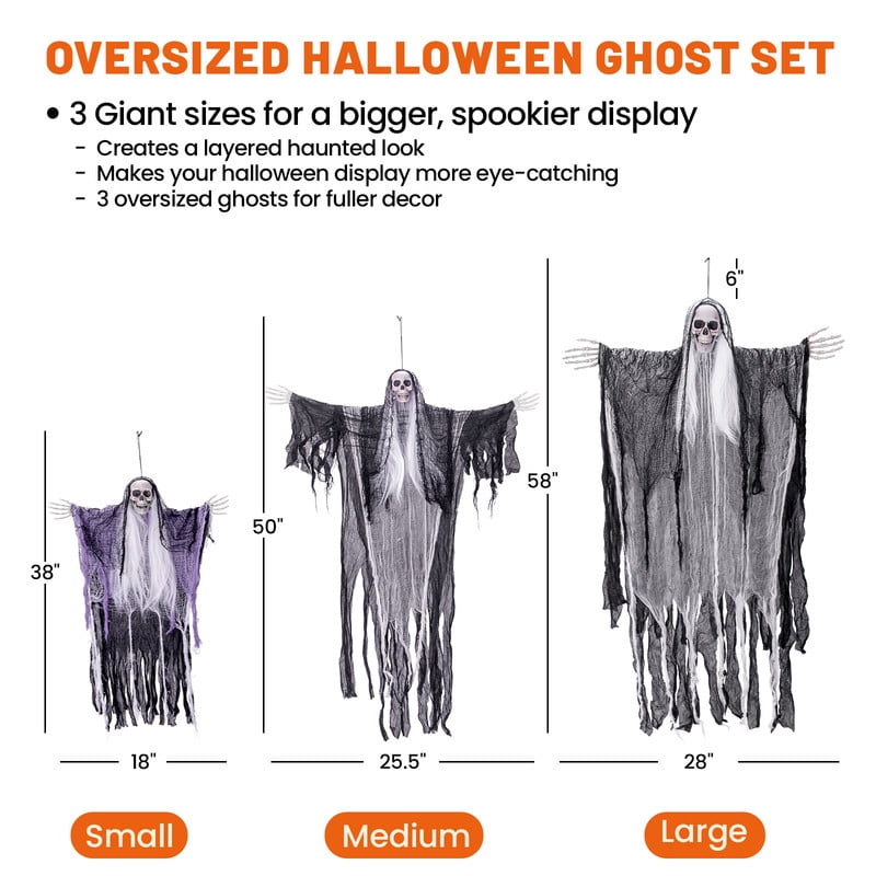 DUNCHATY 3 Pack Hanging Ghosts – 38" & 50" & 58" Outdoor Halloween Decorations with Poseable Arms for Yard, Tree, Porch & Haunted House