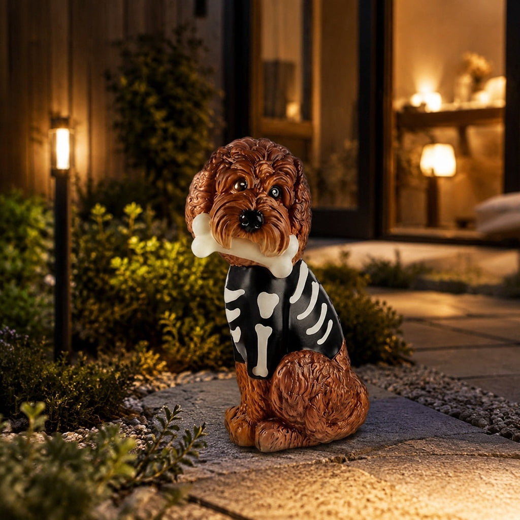 Clearance! Halloween Light‑Up Dog Figurine, 7.9in Scarecrow Dog Statue with Glowing Pumpkin, Waterproof Resin Table Yard Decor