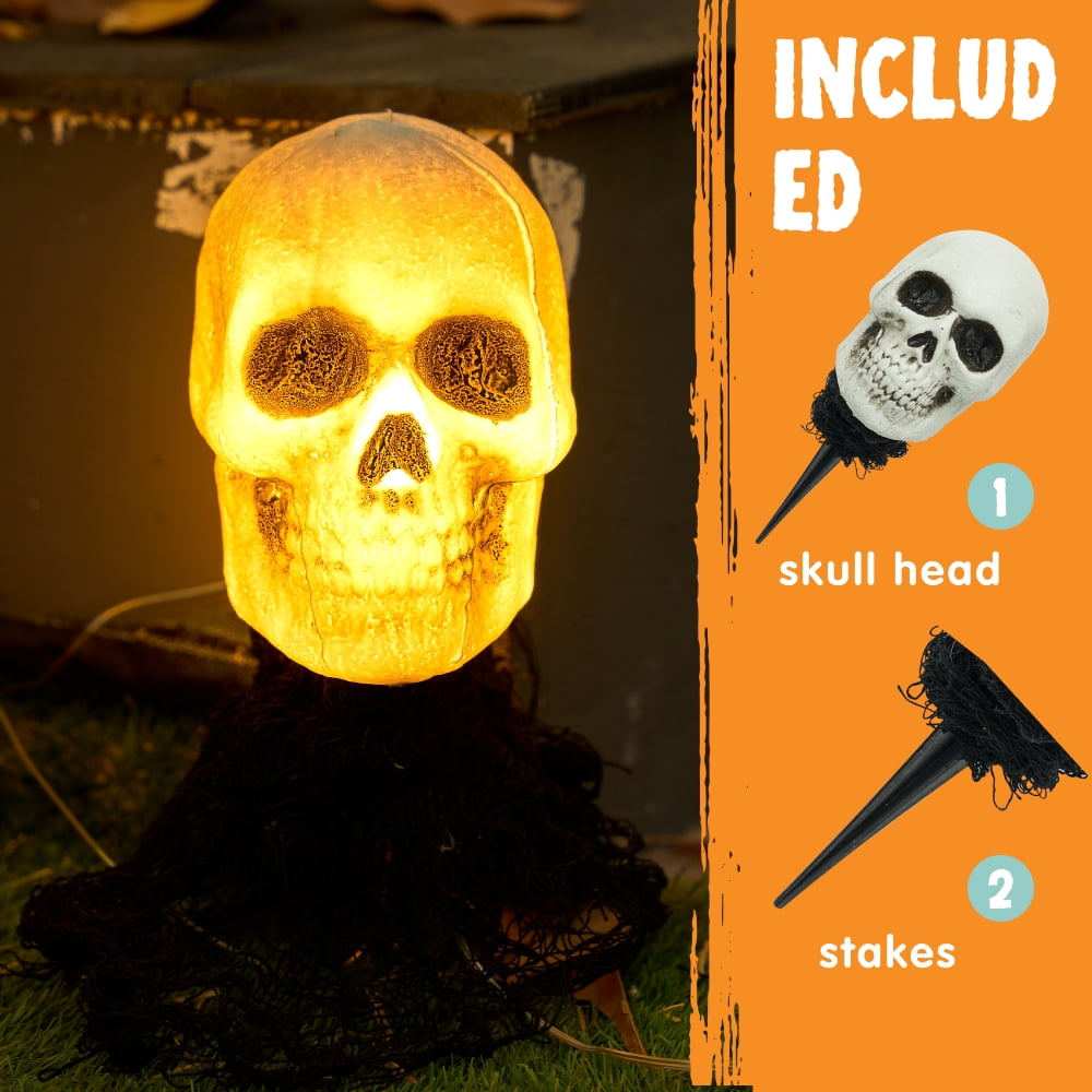 Joyfy 3 Pack 3D Halloween Skull Head Pathway Lights Decorations Outdoor, Battery Operated Spooky Skeleton Decor with 3 Stakes for Home Front Porch Yard Decor