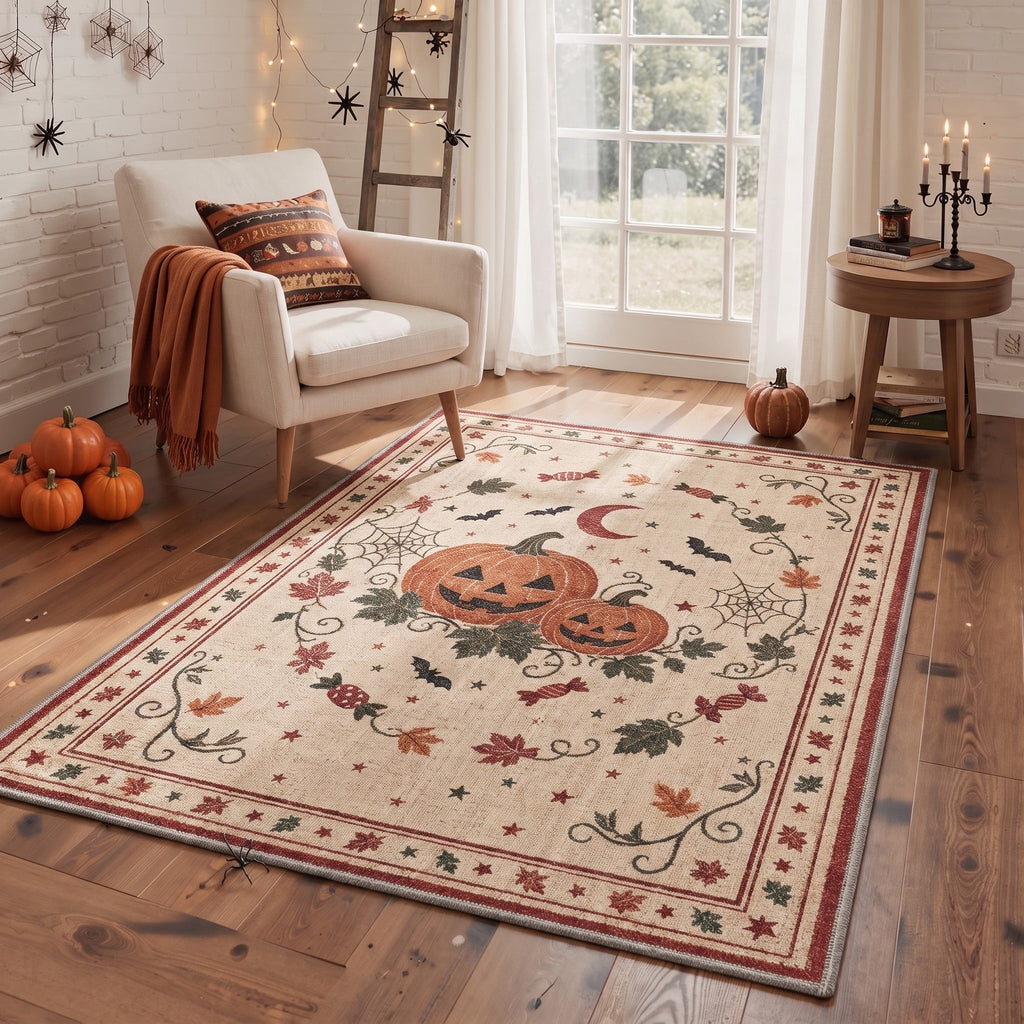 KUETH 3'x5' Halloween Machine Washable Area Rug, Non-Slip Rugs for Living Room, Bedroom and Dining Room, Orange