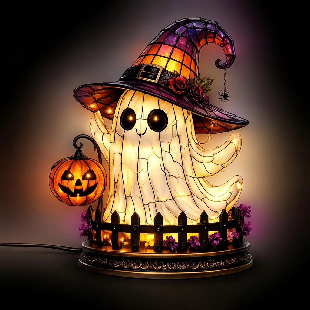 Halloween Lighted Witch Cauldron Decor Lamp, Stained Glass Witch Hat Magic Pot Night Light with Pumpkin & Potion Bottle Details, Spooky Vintage Tabletop Ornament for Mantel Living Room Party