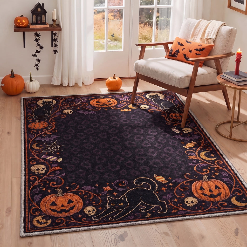 GENIMO 5'x7' Halloween Area Rug for Living Room, Washable Non Slip Soft Vintage Pumpkin Indoor Rug for Bedroom Dining Room Home Office, Antique Moss