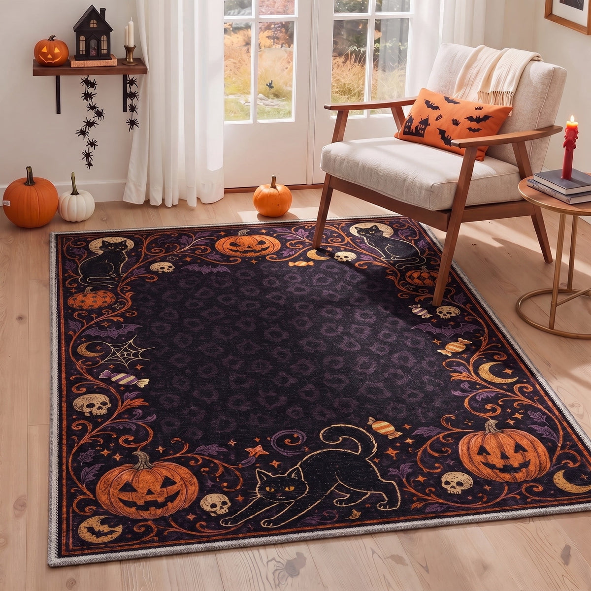 GENIMO 2'x3' Halloween Doormat, Washable Non Slip Soft Whimsical Cat Outdoor Door Mat for Front Door Covered Porch Patio Entryway, Rustic Black