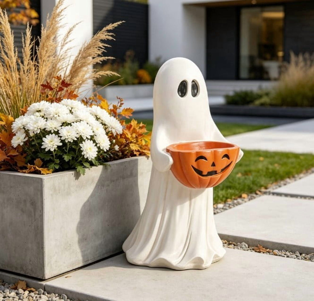 Lighted Halloween Ghost Candy Bowl, Cute LED Ghost Holding Pumpkin Candy Bucket for Trick or Treat, Outdoor Halloween Decorations for Front Porch, Indoor Yard Patio Halloween Decor
