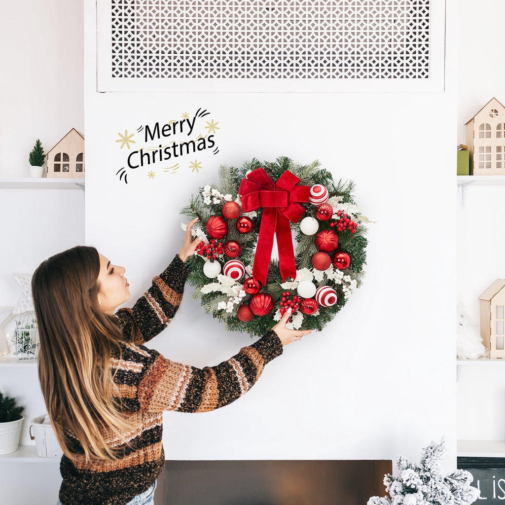 JoanKaren 24 inch Large Christmas Wreath Silver White with 20 LED Lights,Prelit Xmas Wreath w/ Ball Ornaments Pine Cone
