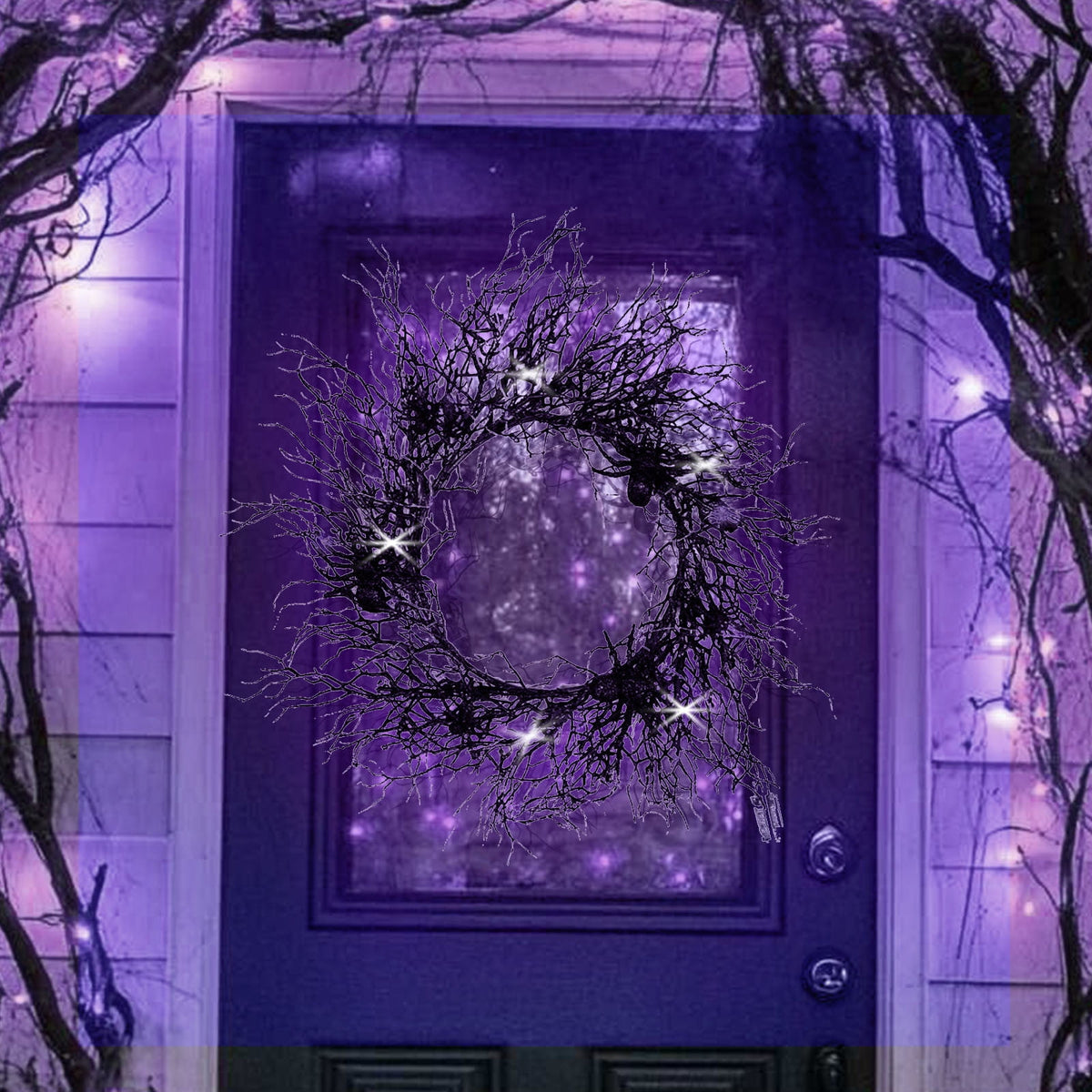 18" Lighted Halloween Wreath for Front Door - Black Spider Wreath with Purple LED Lights - Battery Powered Indoor/Outdoor Decor for Porch, Parties & Spooky Home Decor