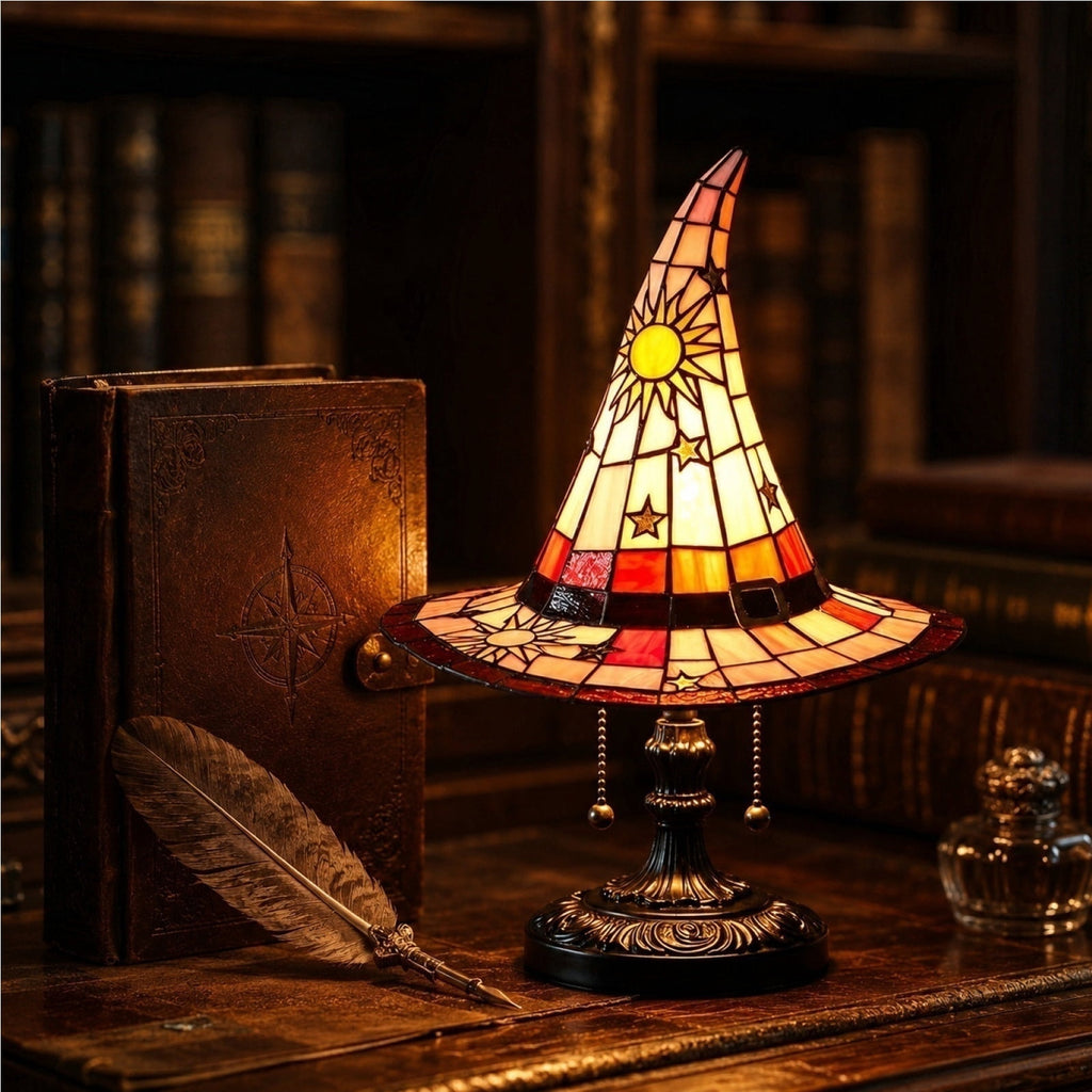 Stained Glass Witch hat lamp, 7" Halloween Gothic Mystic Room Decor Handcrafted Ceramic Phantom Figurine, USB Rechargeable LED Glowing Lantern for Bedroom Living Room Mantel Home Decor
