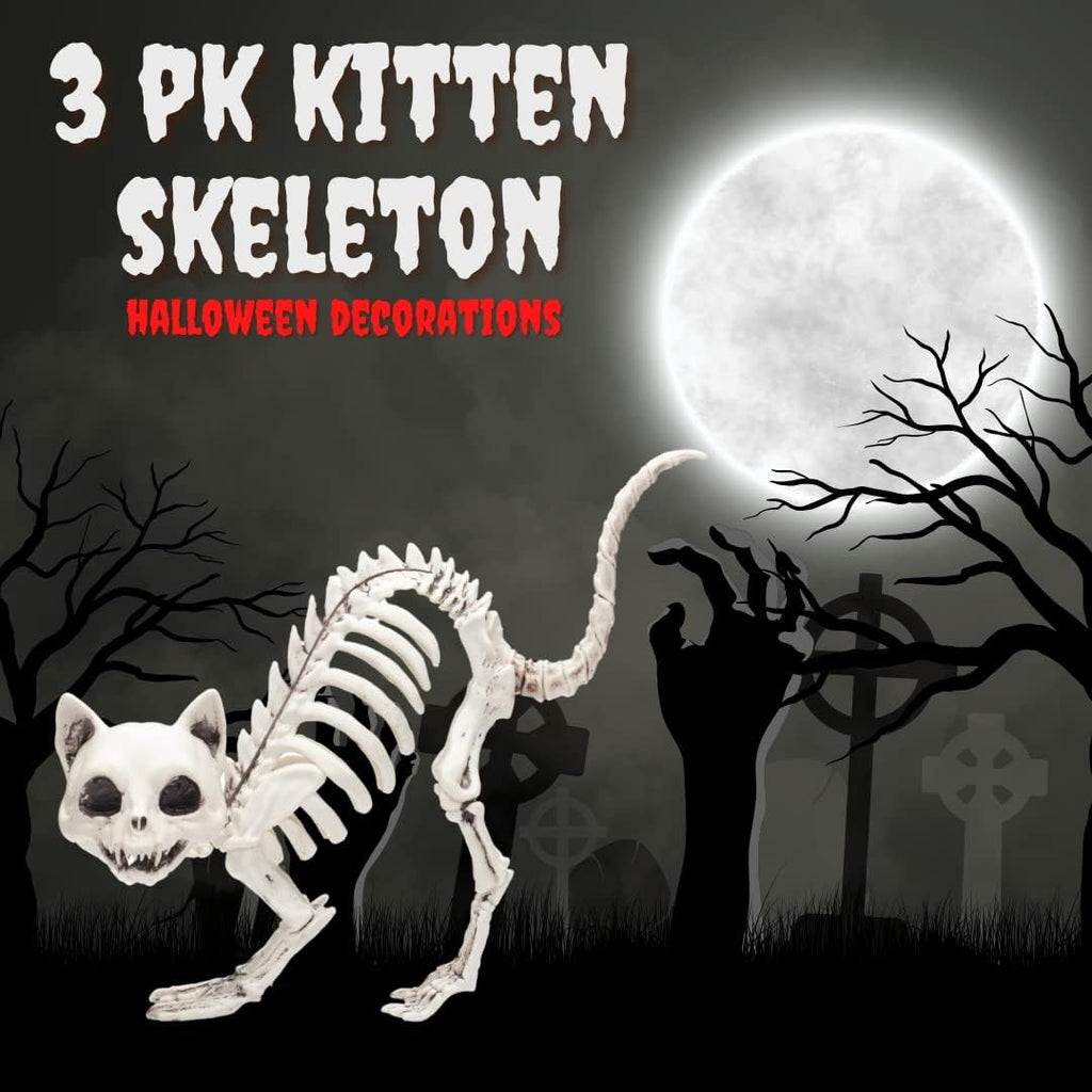Kitten Skeleton Halloween Decoration (3Pk) 7.5" Long-Weather Resistant- Upgrade Your Graveyard Haunted House Party Props, School Classroom - Kitty Cat
