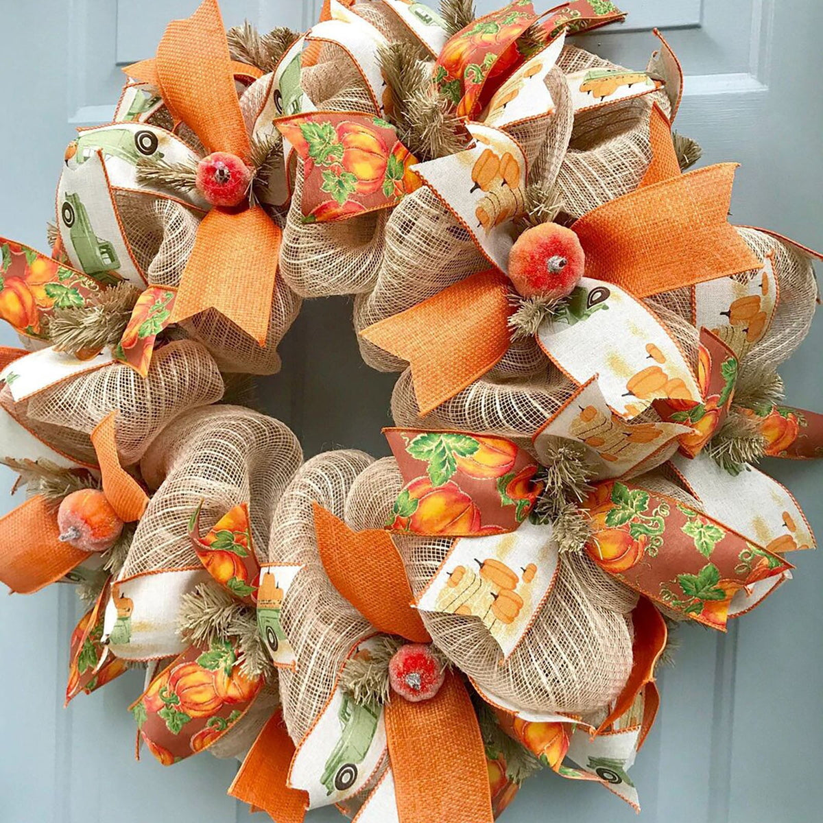Fall Wreaths for Front Door Outside, 18 Inch Large Autumn Wreath with Pumpkin, Berry, Dahlia, Straw and Bows, Holiday Wreaths for Farmhouse Halloween Thanksgiving Decor, Indoor Outdoor Front Door