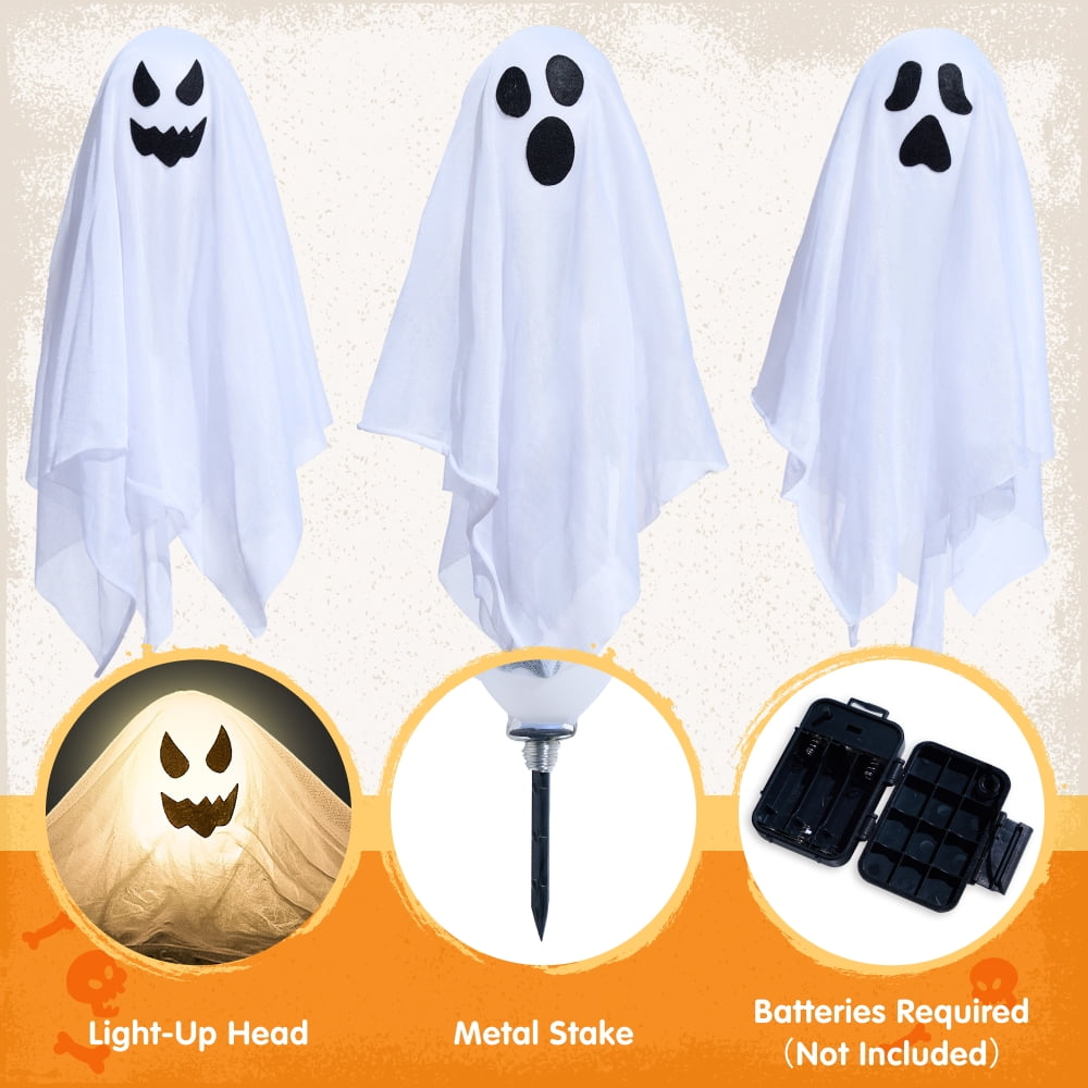 Joyfy 3 Packs Halloween Ghost Decorations Outdoor, Light Up Flying Ghost Pathway Lights， Battery Operated Watereproof Ghost Deocr with 3 Stakes, Halloween Yard Front Porch Haunted House Decorations