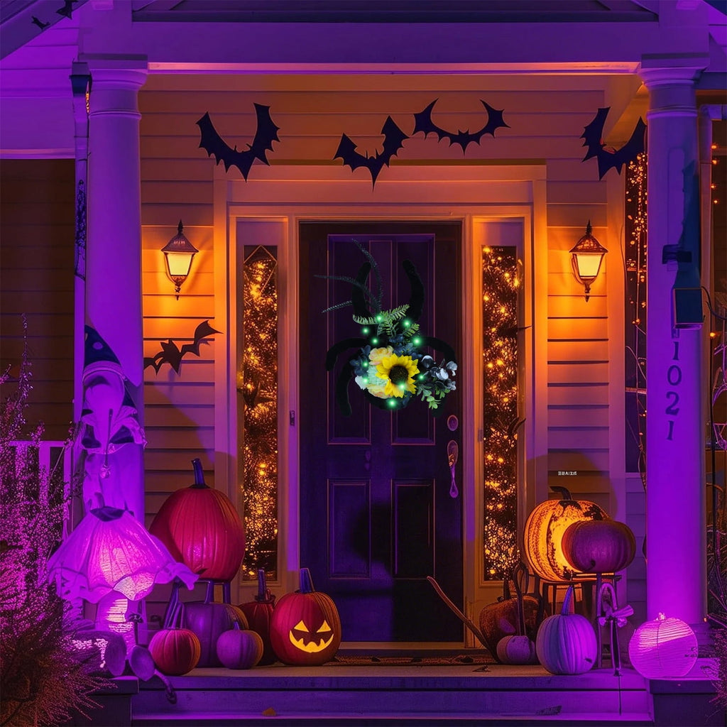 Halloween Door Hanger Wreath Spider Decorations, 30cm Halloween Party Cute Spider Artificial Flower Wreaths Decor with Lights for Front Door Farmhouse Porch Wall Decor Outdoor,Halloween Decorations