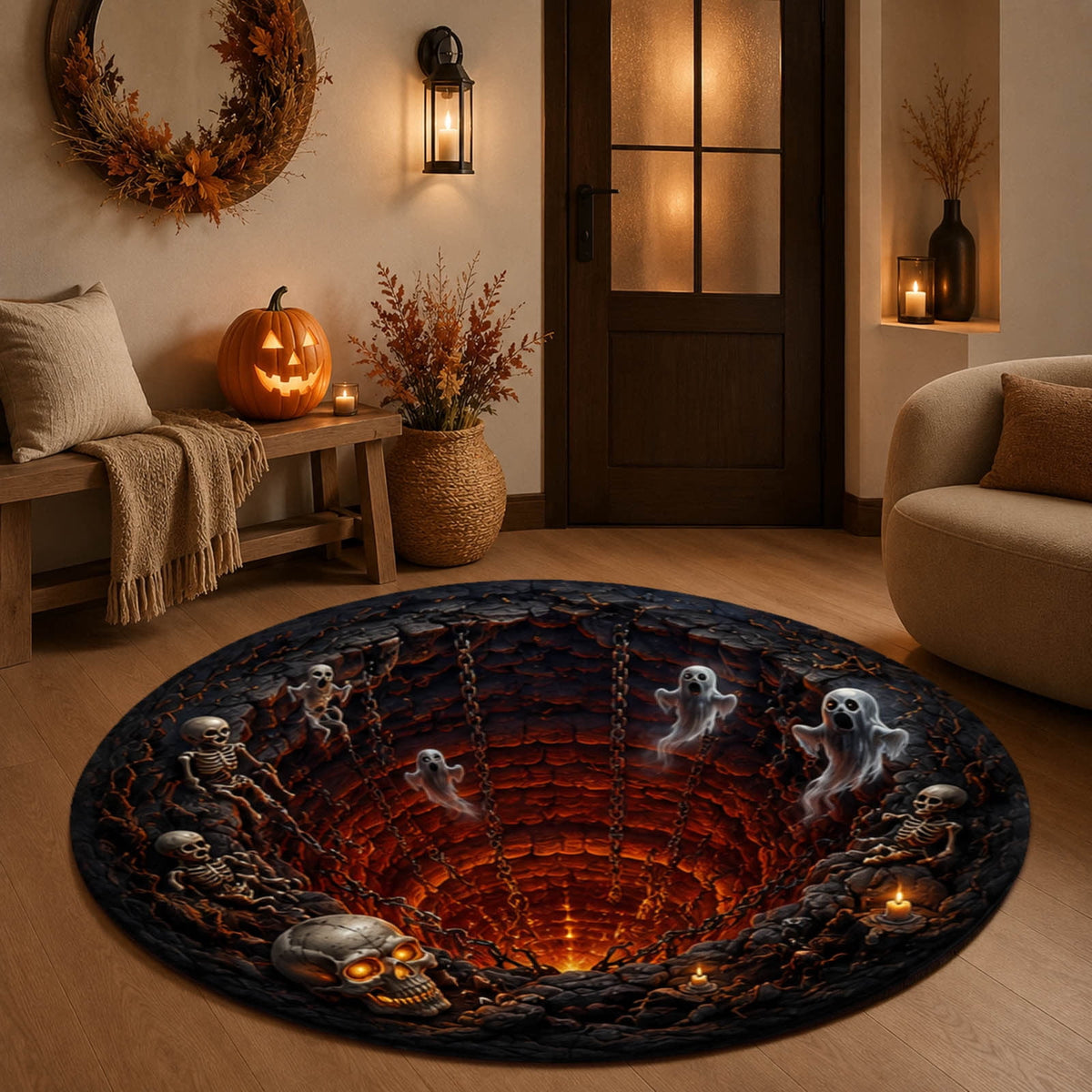 Win s Way 3D Illusion Round Halloween Rug Optical Illusion Doormat Non- Washable Entryway Decor Spooky Fall Front Door Mat for Party Decoration Available in 15.8/23.6/31.5 Inch