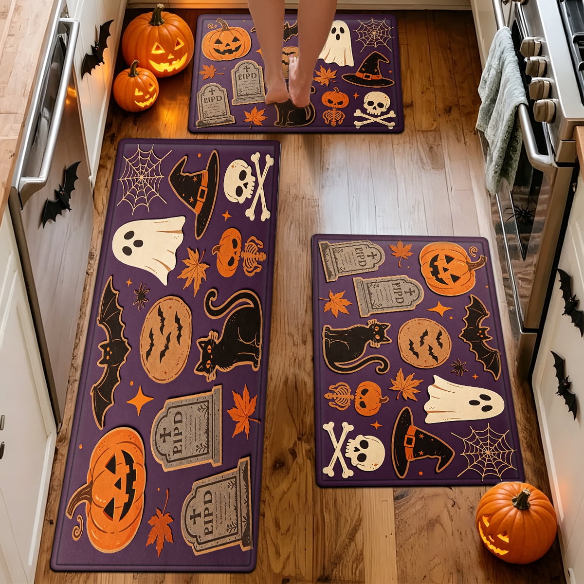 YIMEIS Halloween Pumpkin Lanterns Multi-purpose 1-Piece Flannel Mat and Kitchen Rugs,Soft Non-slip for Home Bedroom Bathroom