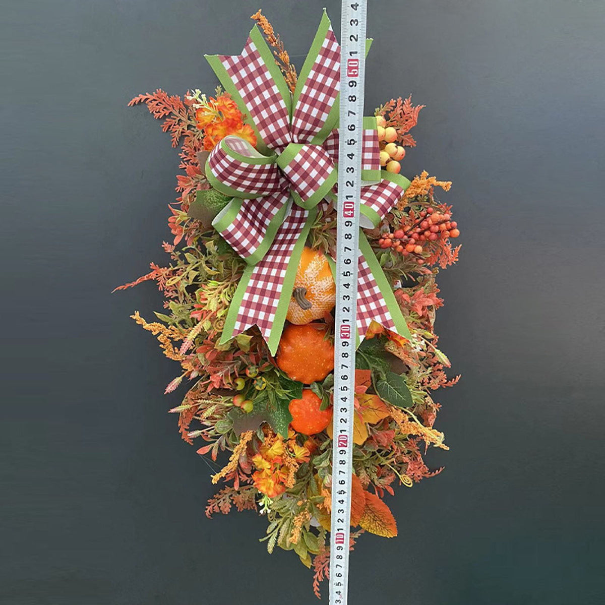 Fall Swags for Front Door with Artificial Pumpkin Maple Leaf and Berry, Harvest Teardrop Swag Wreath for Thanksgiving Halloween Decor, Farmhouse Floral Swag for Indoor Outdoor Wall Door Decorations