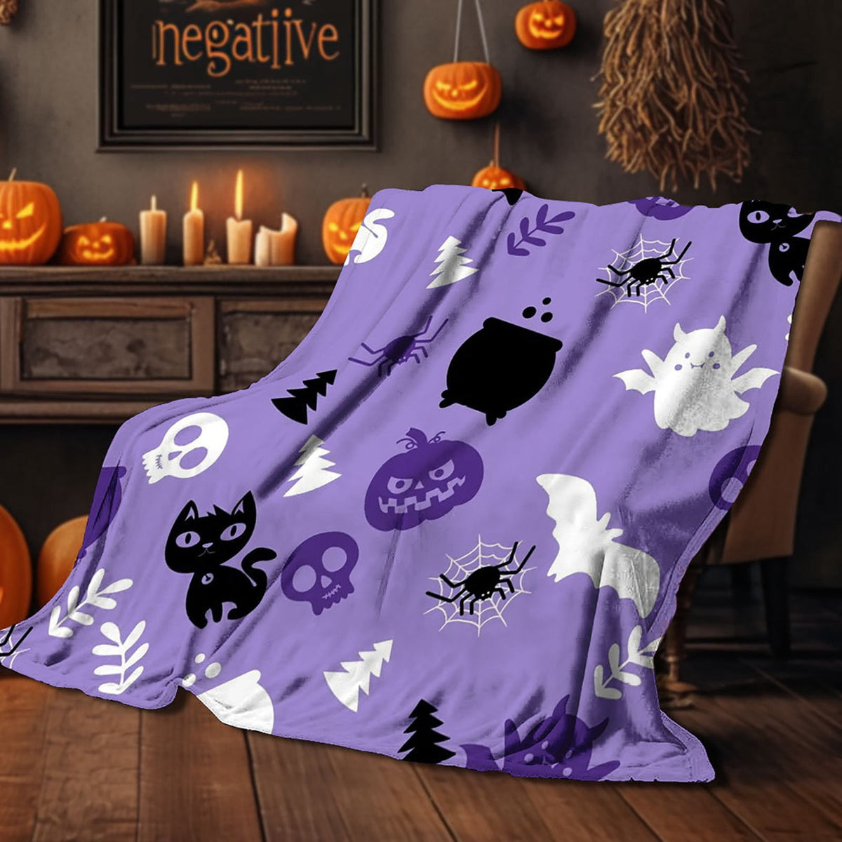 Halloween blanket,Halloween Print Throw Blanket Flannel Soft Cozy Decorative Nap Blanket with Ghost Pumpkin Skull for Office Bedroom Sofa Camping Travel(100x150cm/39x59 Inch),Black