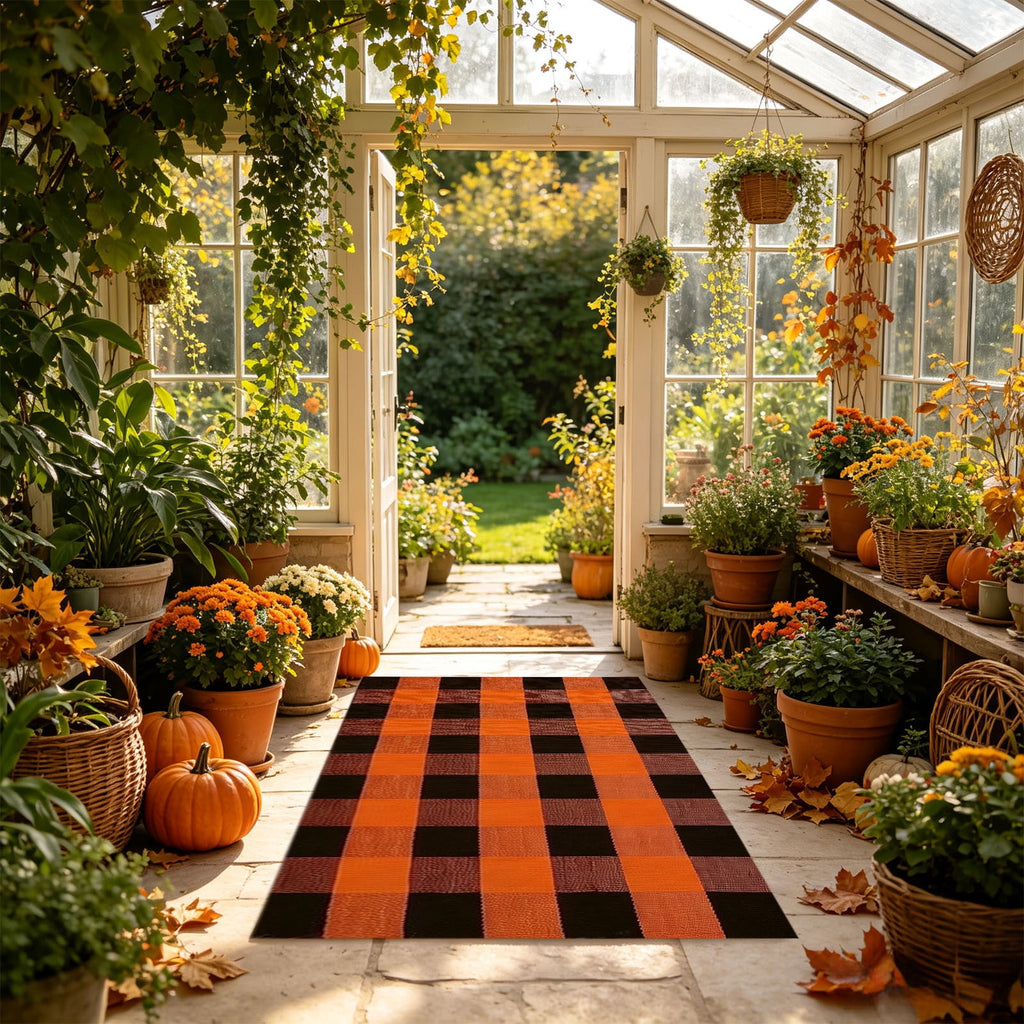 Orange Plaid Fall Outdoor Mat, Hand-Woven Porch Rug for Thanksgiving Halloween Door Decor