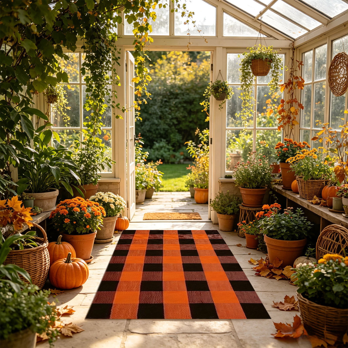 Orange Plaid Fall Outdoor Mat, Hand-Woven Porch Rug for Thanksgiving Halloween Door Decor