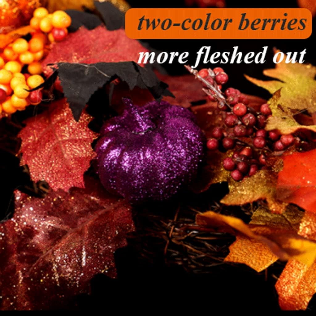 Autumn Wreaths for Front Door,18inch Artificial Fall Wreaths with Lights Pumpkin Pine Cones Berry Maple Leaves,Thanksgiving Halloween Harvest Festival Home Decoration for Indoor,Outdoor,Window,Garden