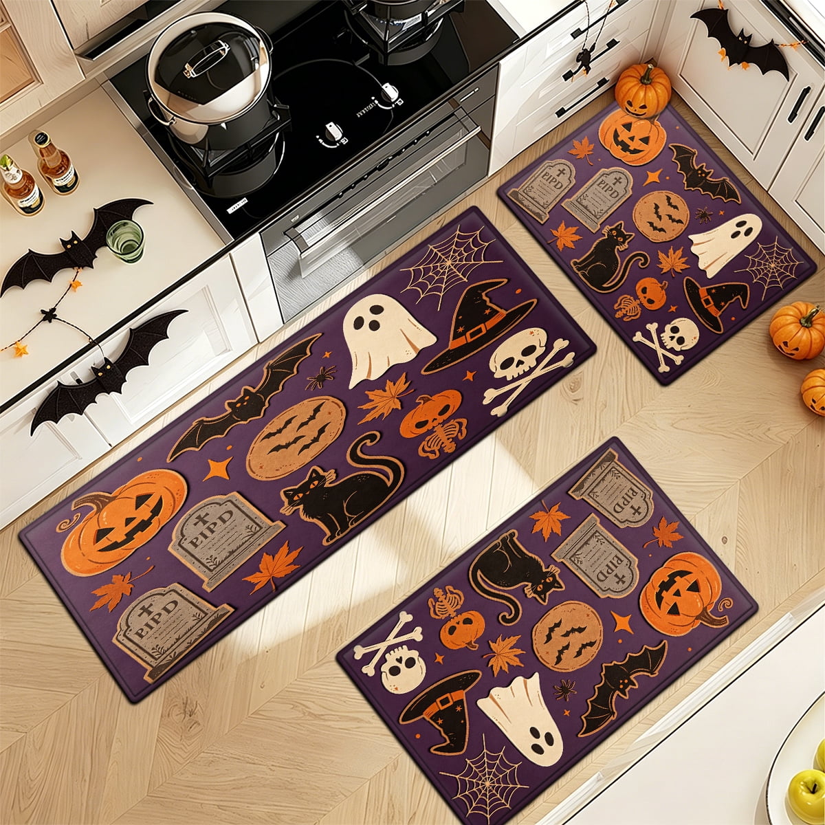 YIMEIS Halloween Pumpkin Lanterns Multi-purpose 1-Piece Flannel Mat and Kitchen Rugs,Soft Non-slip for Home Bedroom Bathroom