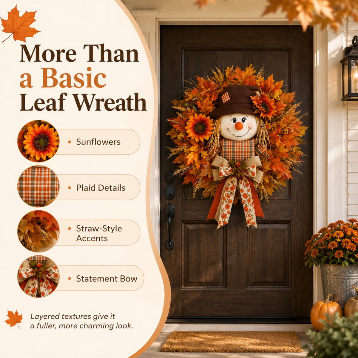 ICQOVD Halloween Pumpkin Maple Leaf Wreath with Skeleton Ornament Orange Black Bow Front Door Hanging Fall Home Decoration 15.75*15.75*3.15IN