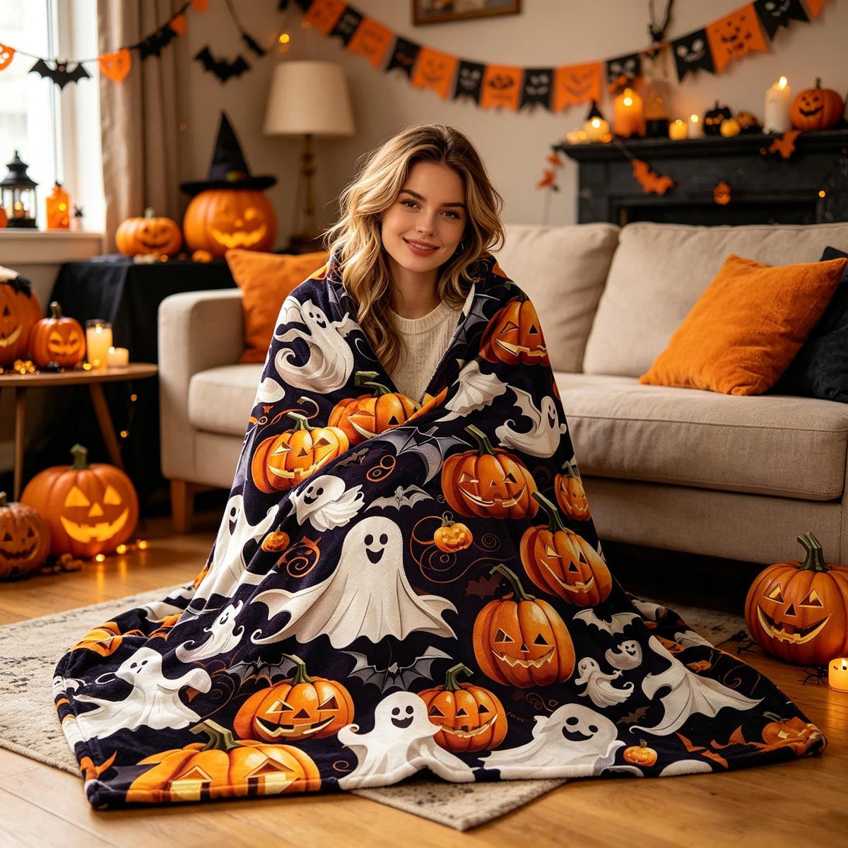 Halloween blanket,Halloween Print Throw Blanket Flannel Soft Cozy Decorative Nap Blanket with Ghost Pumpkin Skull for Office Bedroom Sofa Camping Travel(100x150cm/39x59 Inch),Black