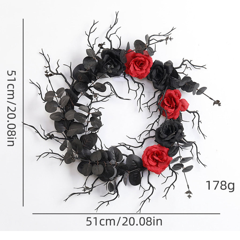 Halloween Door Wreath with Leaves and Red Roses, Halloween Wreath for Front Door, Branch Red Rose Wreath Halloween Decorations for Indoor Window Party Wall Home,20x20 Inch