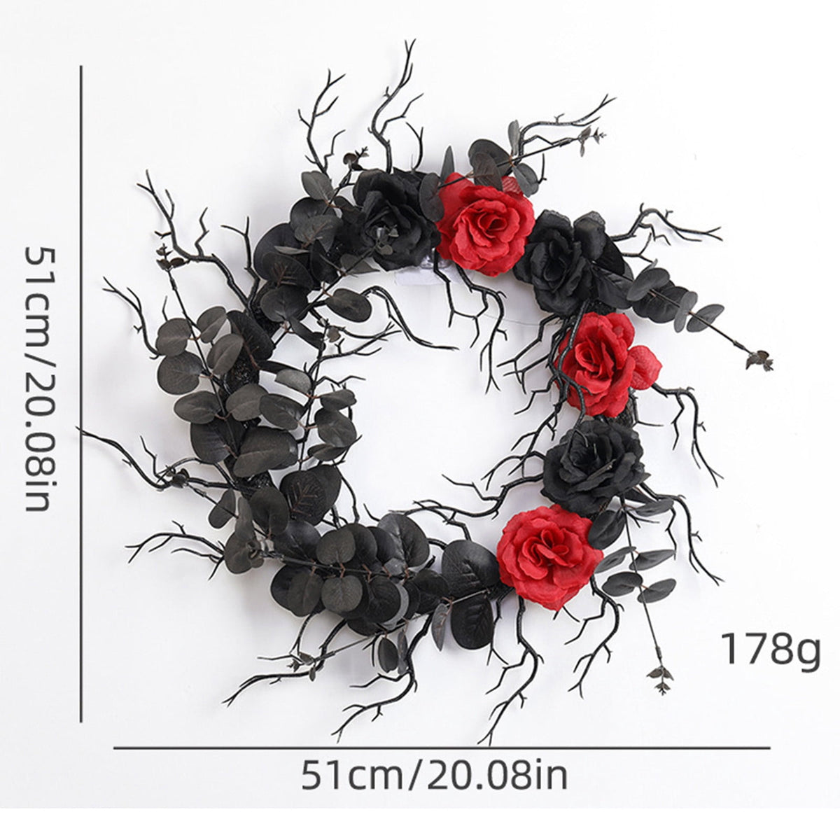 Halloween Door Wreath with Leaves and Red Roses, Halloween Wreath for Front Door, Branch Red Rose Wreath Halloween Decorations for Indoor Window Party Wall Home,20x20 Inch