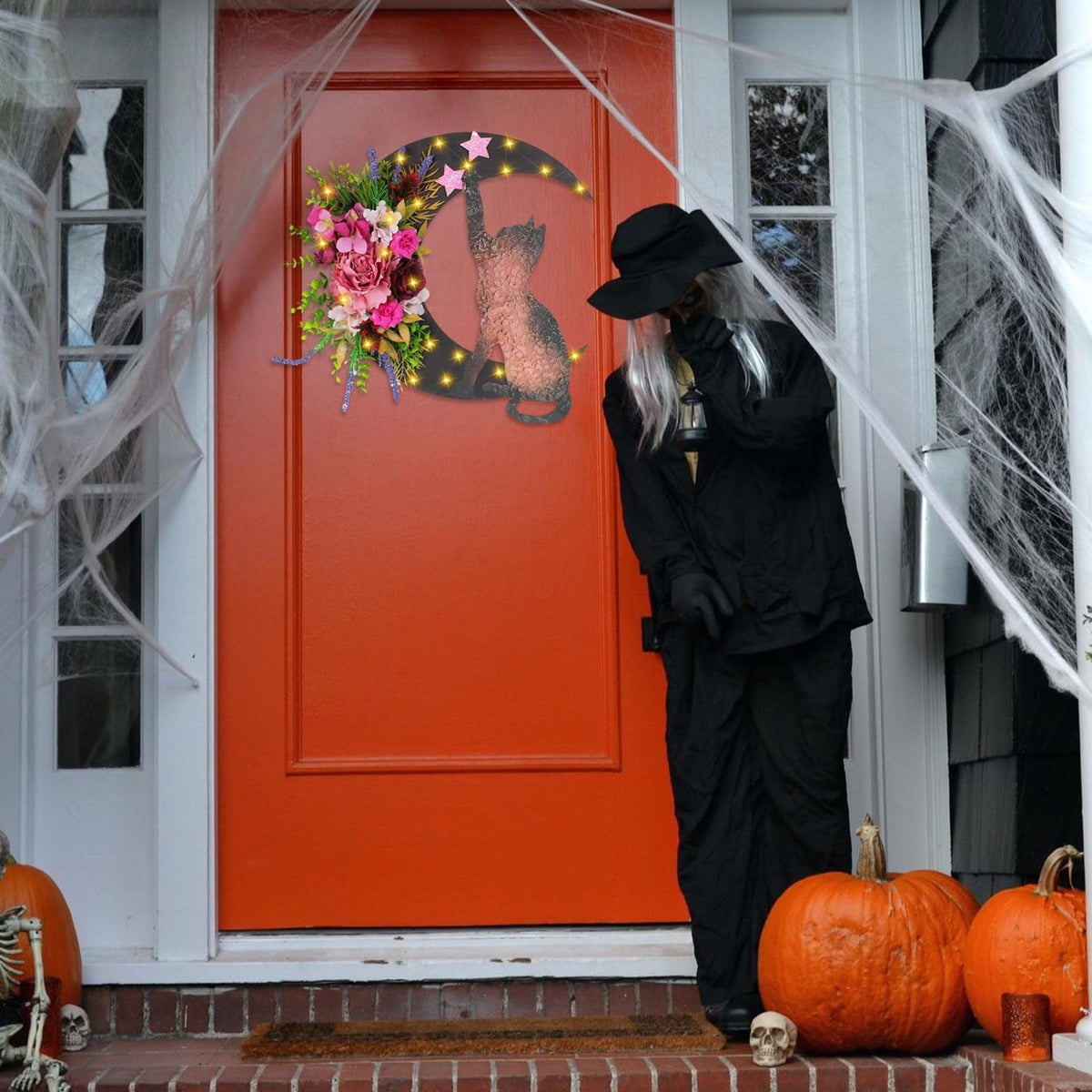 STYZIGZZ 14" Halloween Wreath for Front Door,Moon Cat Halloween Wreaths with Rose,Hanging Floor Door Decoration for Home Party Indoor Outdoor