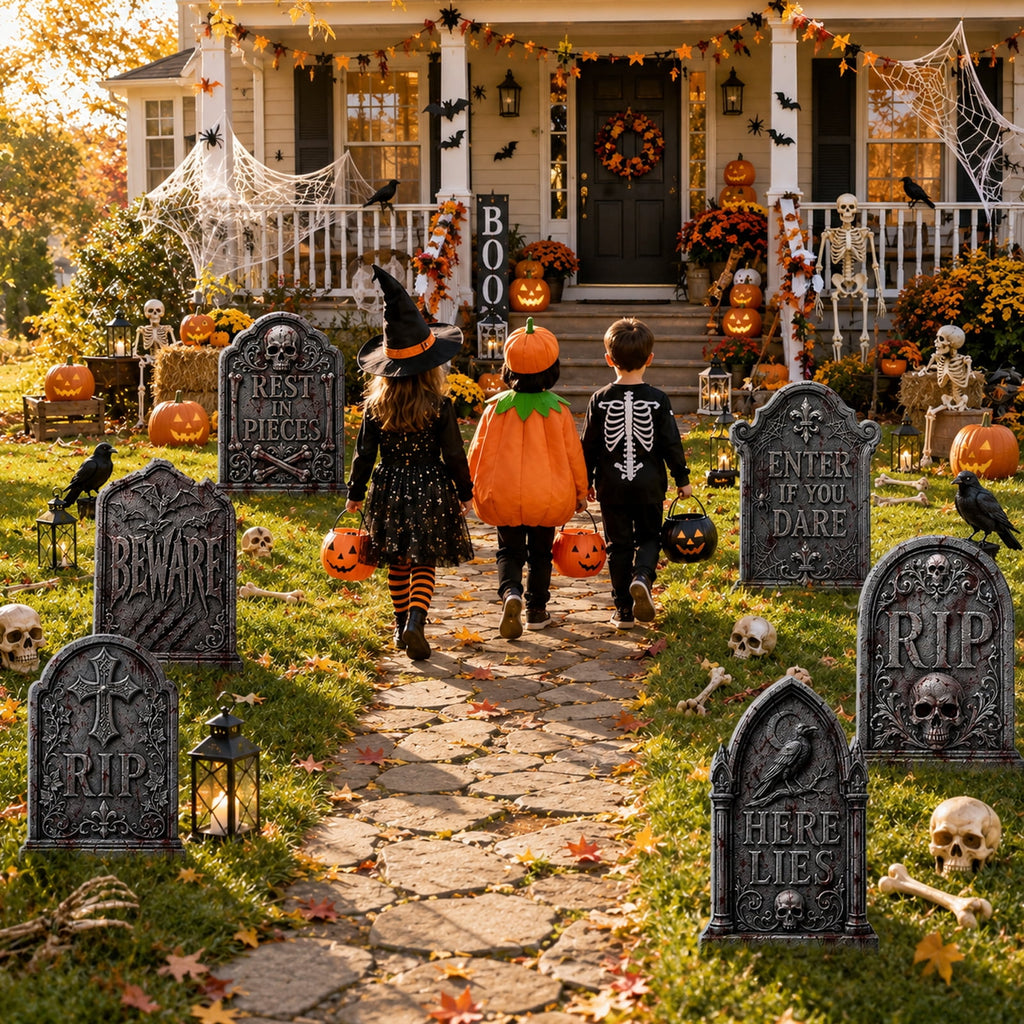 Yalumo Halloween Tombstones Decor, 6 Pack 17 Inch Plastic Halloween Gravestone Yard Signs with Stakes, Spooky Tombstones for Yard, Lawn, Porch & Outdoor Party Decor