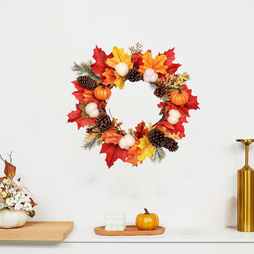Halloween Thanksgiving Fall Wreath with Pumpkin, Berries, Pine Cones and Maple Leaves, Indoor Outdoor Door Wall Hanging Decor for Home, Party and Seasonal Celebration