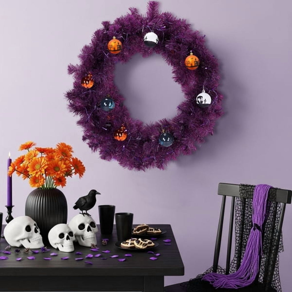 24" Halloween-Themed Christmas Wreath - Purple Pre-Lit Wreath with 50 Purple/Orange LEDs, 100 PVC Tips, DIY Ornament Pack for Indoor/Outdoor Decor