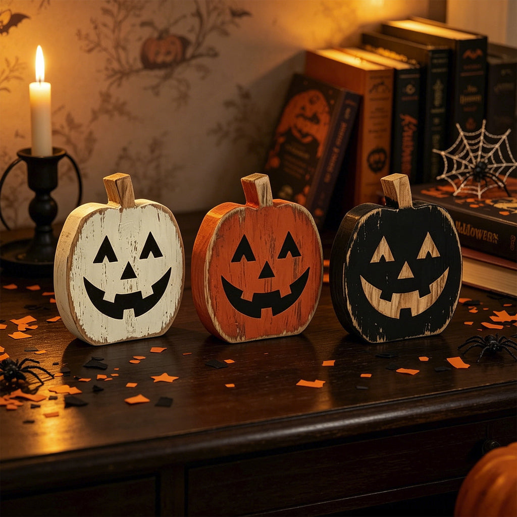 3 Pack Wooden Pumpkin Halloween Decor, Distressed Jack O Lantern Tabletop Set Rustic Indoor Fall Shelf Ornaments